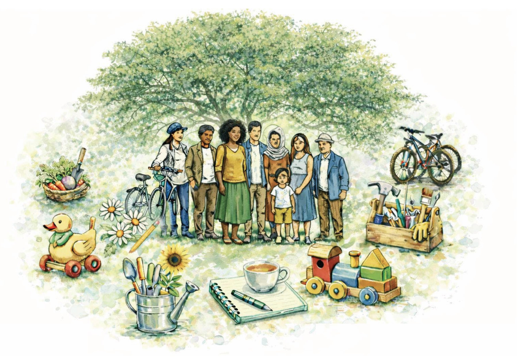 Watercolour illustration of a diverse group of neighbours — families, older and younger people of different backgrounds — standing together beneath a large tree, ringed by everyday community things: a basket of vegetables, bicycles, garden tools, a toolbox, children's toys and a cup of tea.