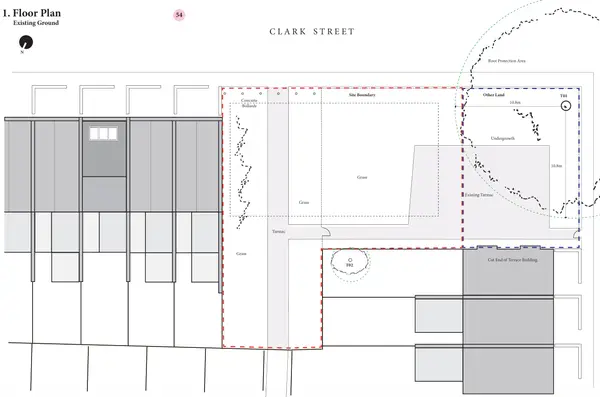 Existing ground floor plan of the Clark Street site, showing the cut end of the terrace, tarmac, grass and retained trees within the site boundary.