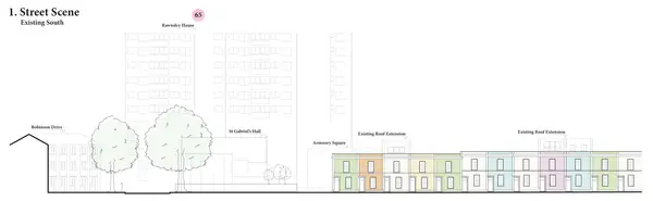 Existing south street scene showing Rawnsley House, St Gabriel's Hall and the surrounding terraces with existing roof extensions.