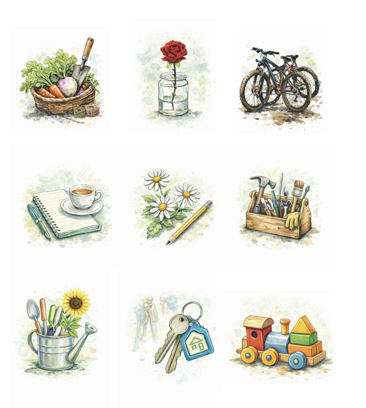 Watercolour grid of everyday neighbourhood things the pledge stands for — a basket of home-grown vegetables with a trowel, a rose in a jar, two bicycles, a notebook and a cup of coffee, daisies with a pencil, a wooden toolbox, a watering can of garden tools with a sunflower, a set of house keys, and a wooden toy train.