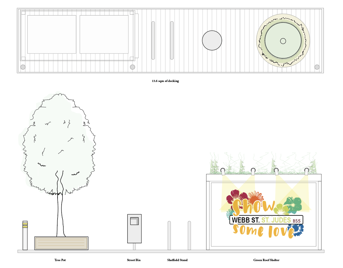 Watercolour sketch of a modular street shelter with a green roof and tree planter.