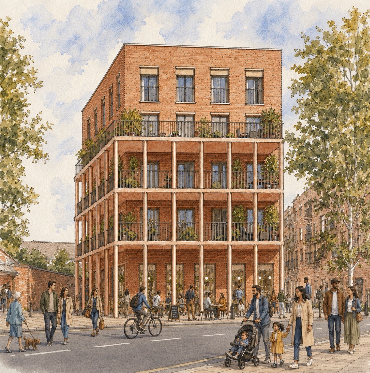 Watercolour street view of the proposed Thrisell Street building: a four-storey red-brick block with timber-framed planted balconies and a ground-floor café.