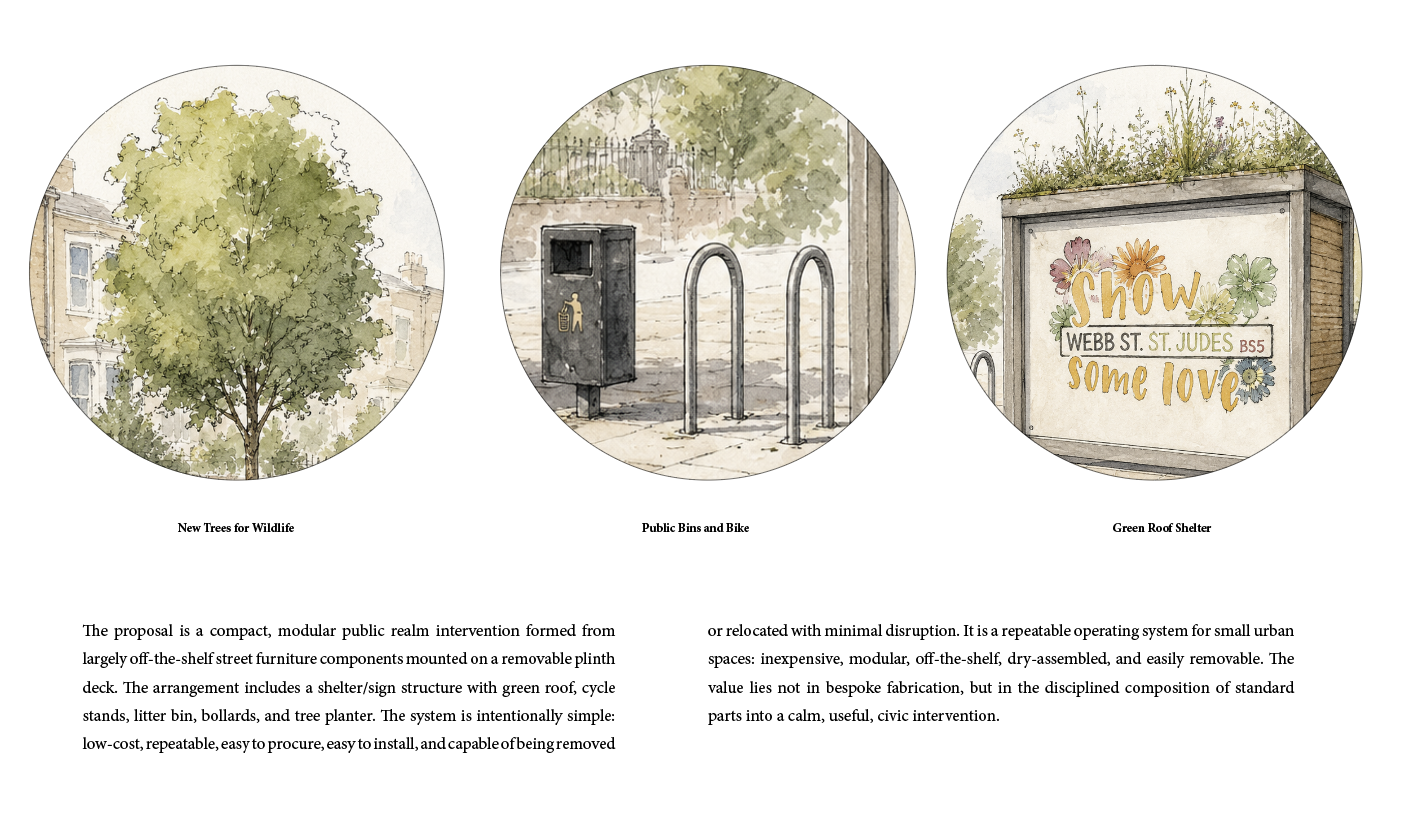 Component sketches: street trees, public bins and cycle stands, and a green-roof shelter.