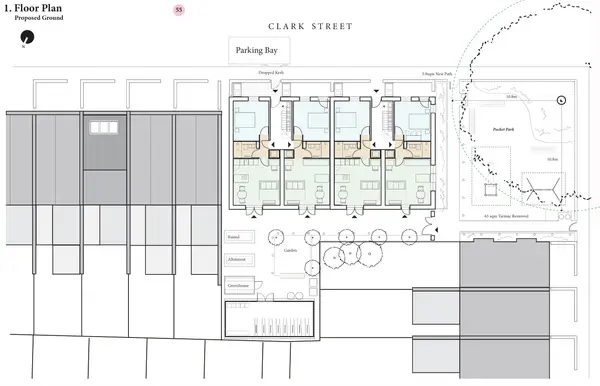 Proposed ground floor plan showing four co-housing homes, a pocket park, shared garden, allotment and greenhouse, with tarmac removed and a new path.