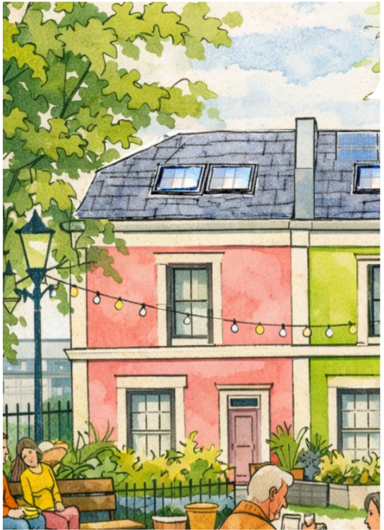 Watercolour illustration of a colourful neighbourhood street with neighbours gathering outdoors